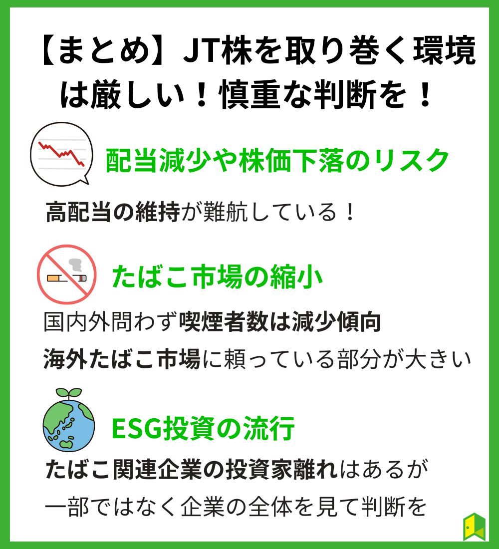 【まとめ】JT株を取り巻く環境は厳しい！慎重な判断を！