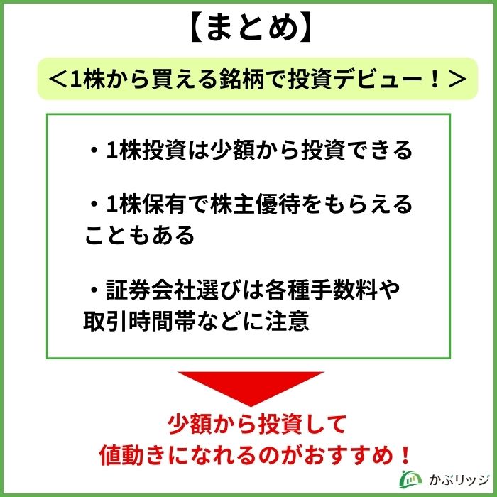 【まとめ】1株から買える銘柄で投資デビューしよう！