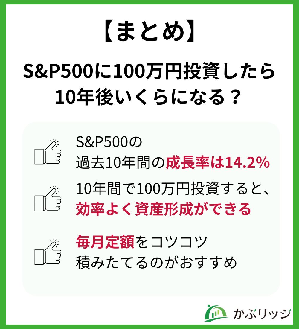 【まとめ】S&P500に100万円投資したら10年後にいくらになる？
