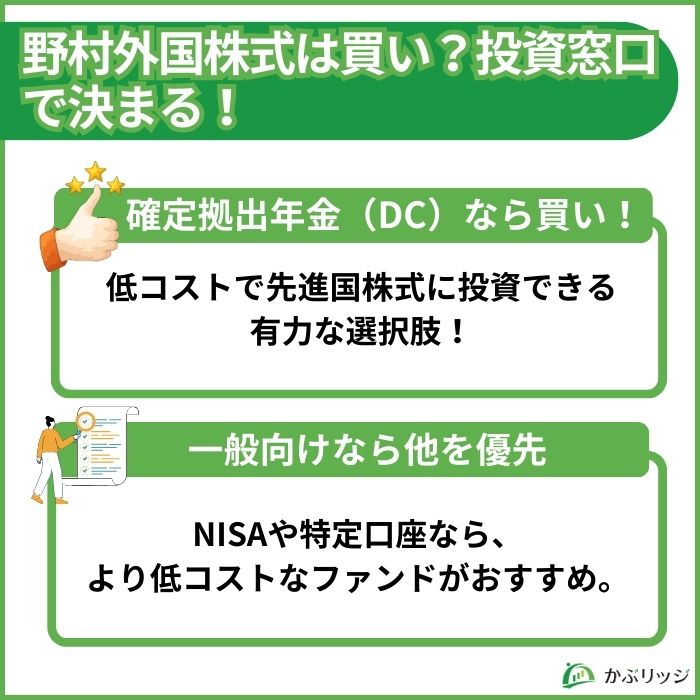 野村外国株式インデックスファンドの投資判断を解説する画像。DCは買い、一般向けは非推奨と説明。