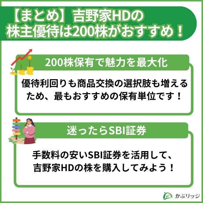 吉野家株主優待のまとめ画像。200株保有のメリットとSBI証券での口座開設を推奨。
