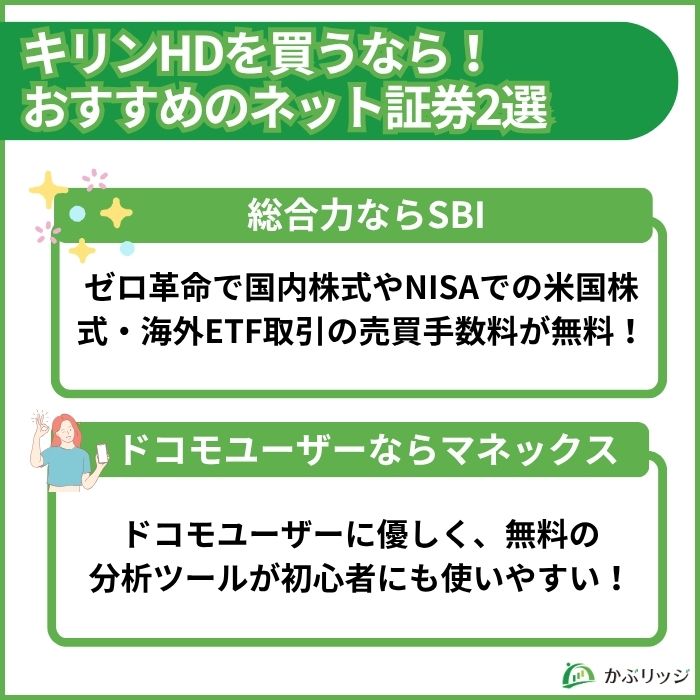 キリンホールディングスの株を買うのにおすすめなSBI証券とマネックス証券の特徴比較画像