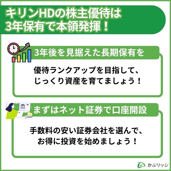 キリンHDの株主優待は長期保有で恩恵が大きくなるため、ネット証券でじっくり育てるのがおすすめだと伝えるまとめ画像